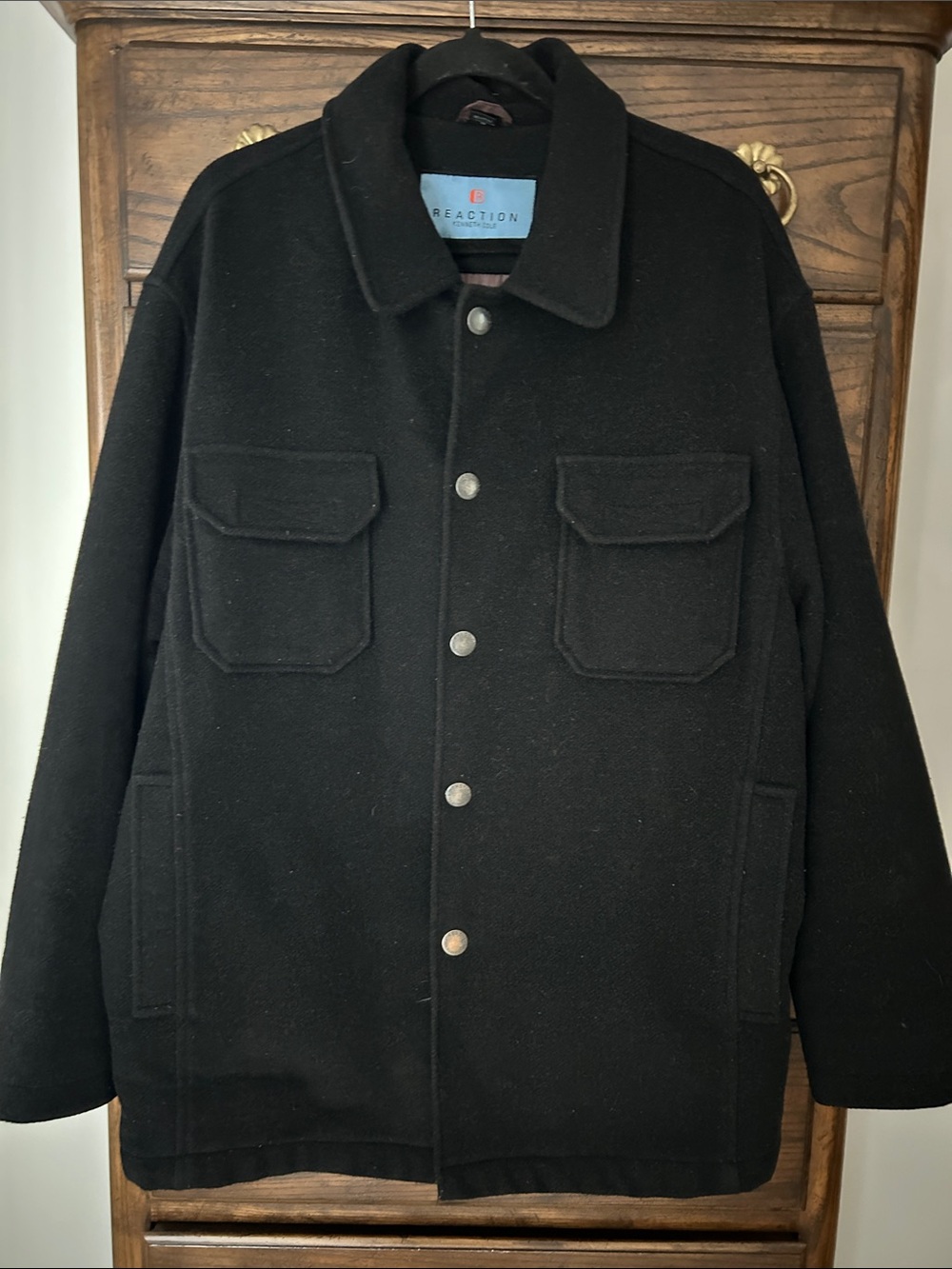 Kenneth Cole Reaction Men's Black Wool Snap-Front Coat, Size M